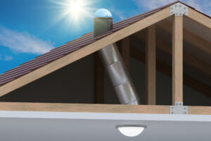 Sunlite light tube system for transporting natural daylight from roof inside room. 3D rendered illustration.